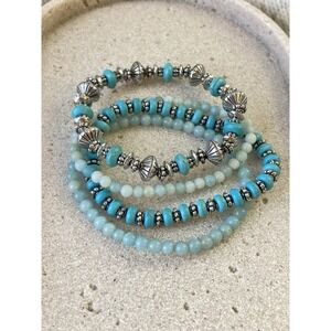 Beaded Stretch Bracelet Set Of 4 Teal Aqua Silver Tone Stackable Beachy Coastal